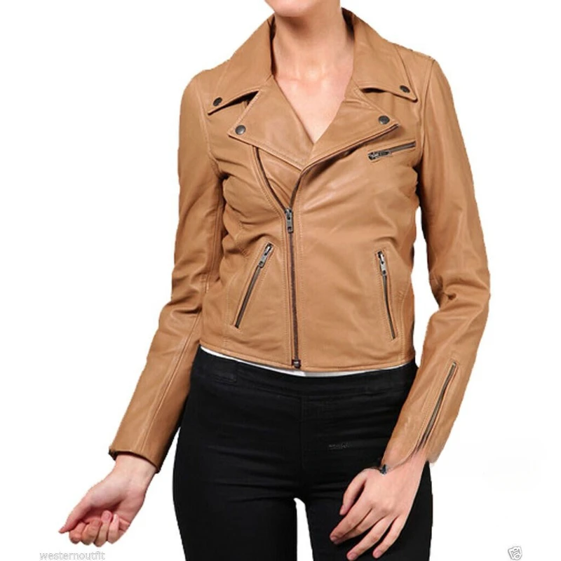 Designer Women Authentic Sheepskin Pure Leather Jacket Tan Collar Zip Biker Coat