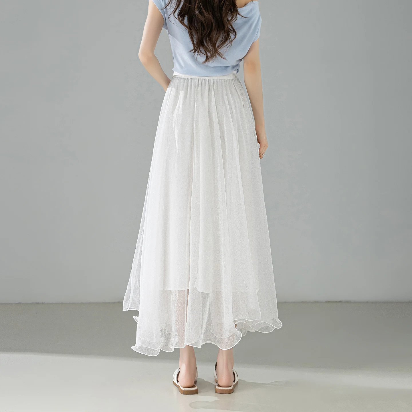 SENTUBILA Elegant High-Waist Shimmer Chiffon A-Line Skirt 2026 Summer White Elastic Waist Mesh Skirt Women's Bottom W62QG7415