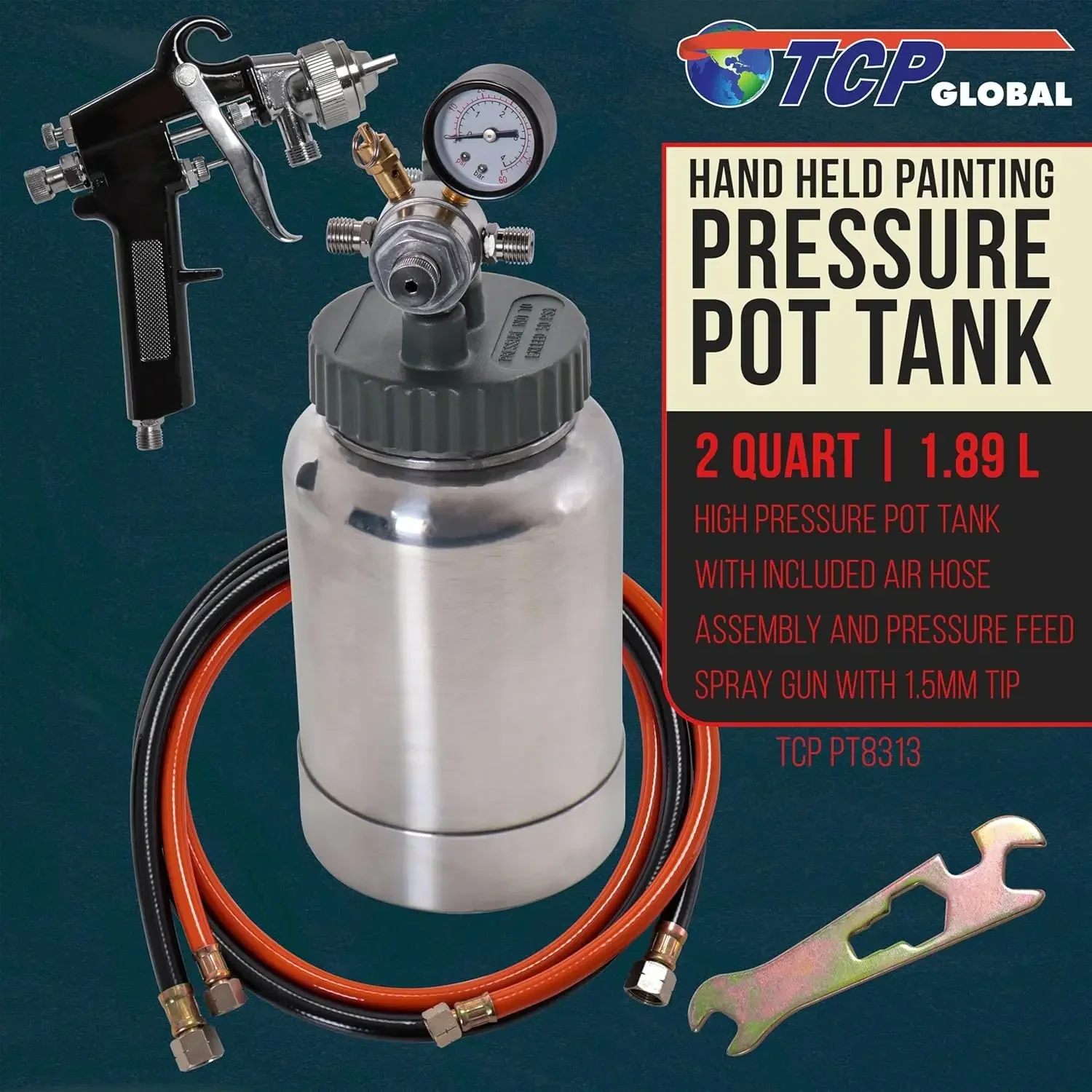 Global 2 Quart Pressure Pot Spray Paint Tank: Heavy Duty Solid Steel, Screw on Lid, Regulator & Pressure Gauge, Spray Gun and 5f