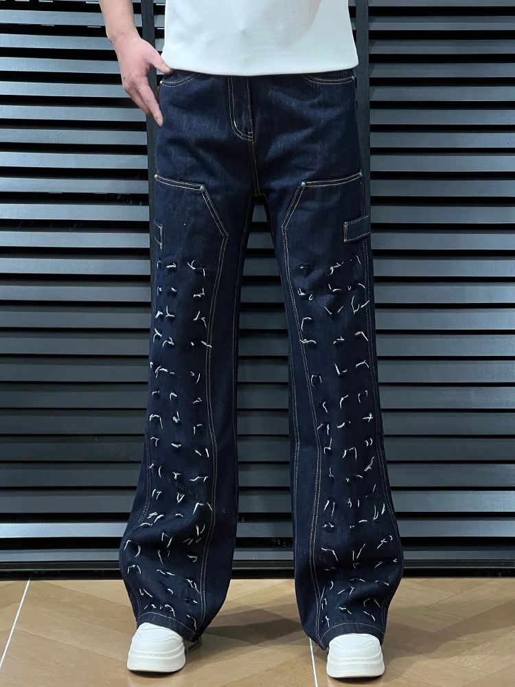 Trendy Men's High Street Denim Jeans Spring Summer Fashion Design Sense Patchwork American Retro Straight Leg Loose Long Pants