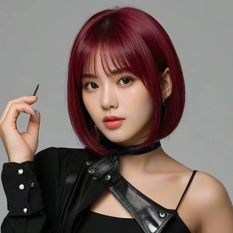 Peluca sintética de peinado bob de color vino tinto para fiesta, peluca de cosplay de Halloween, conjunto de peluca de accesorios para el cabello de temperatura caliente de uso diario