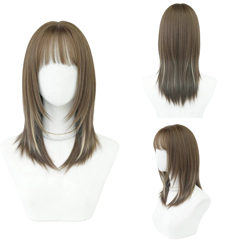 African Women Ombre Ash Brown Shoulder Length Straight Wig Layered Haircut Heat Resistant Glueless Synthetic Hair Daily Use