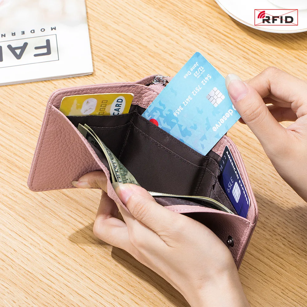 RFID Solid Color Genuine Leather Wallet for Women, New Fashion Short Card Wallet with Large Capacity and Coin Pocket