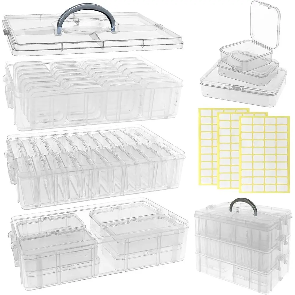 

58-Piece Bead Organizer & Storage Solution - 3-Tier Stackable Box with Lids, Labels for Diamond Painting Drills, Garden Seeds, &