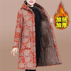 5XL Mother Winter Cotton Clothes Add Velvet Thick Warm Hooded Padded Coat Middle Aged Elderly Grandma Casual Long Parkas Jacket