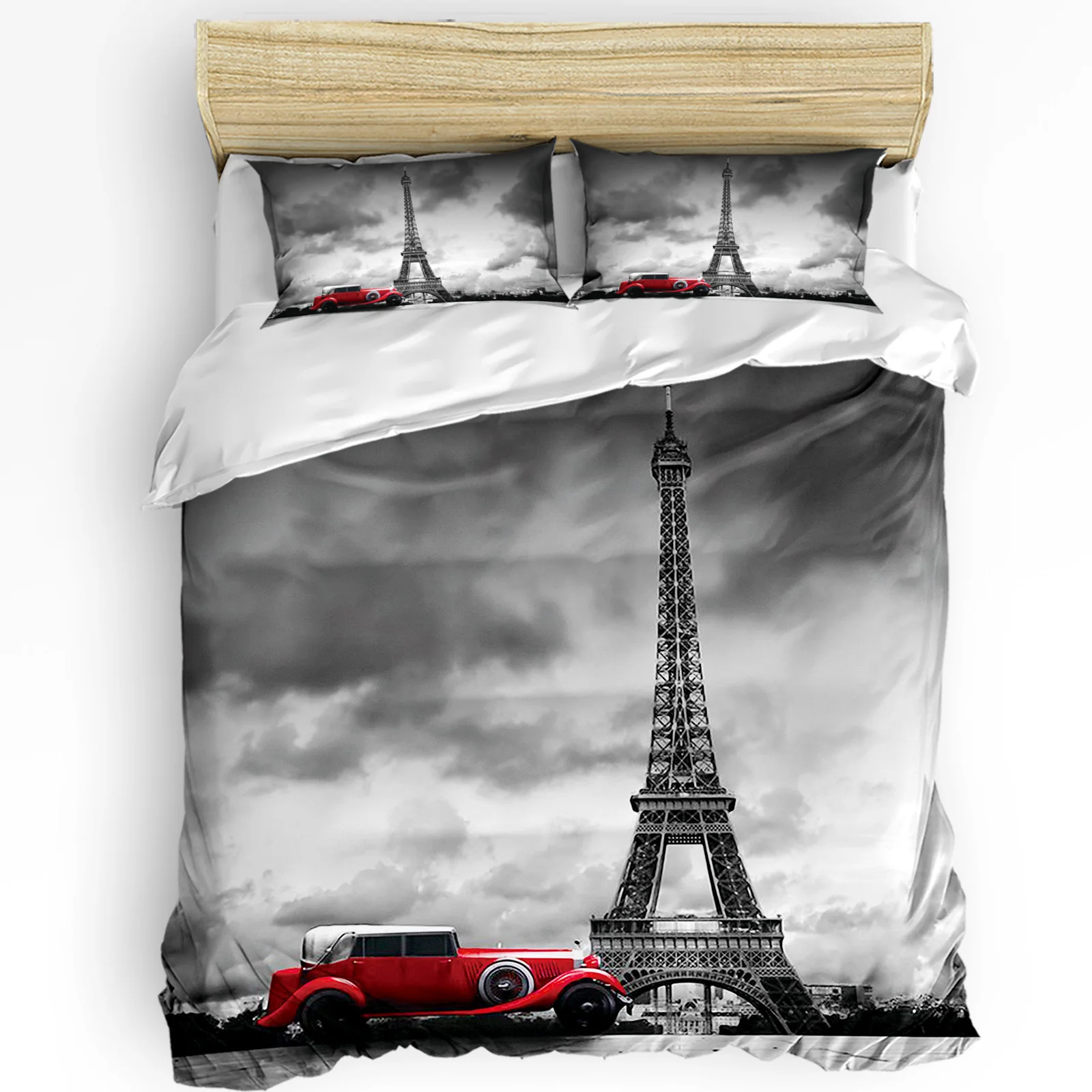 Paris Eiffel Tower With Red Car Duvet Cover with Pillow Case Custom 3pcs Bedding Set Quilt Cover Double Bed Home Textile