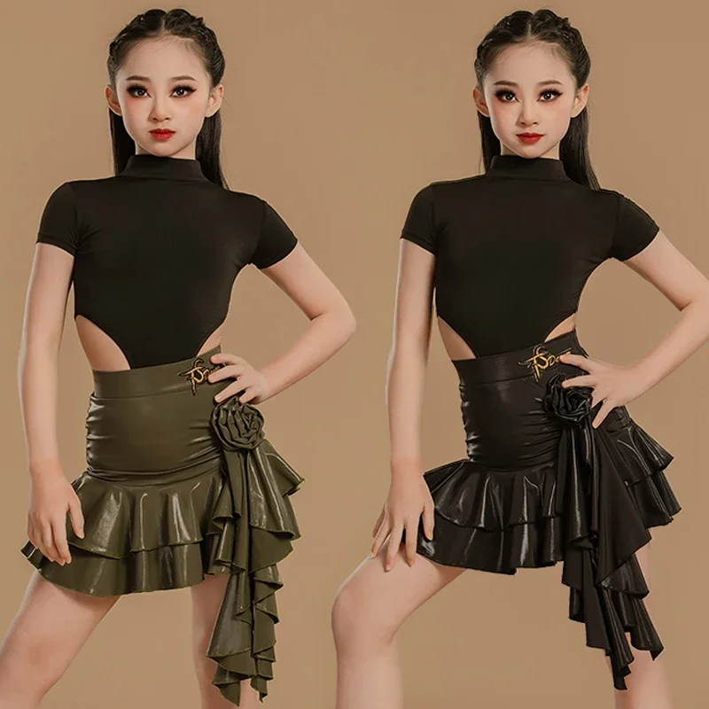 

Girls Cha Cha Rumba Samba Latin Dance Clothes Summer Short Sleeves Dress Kids Latin Competition Clothing Performance Set
