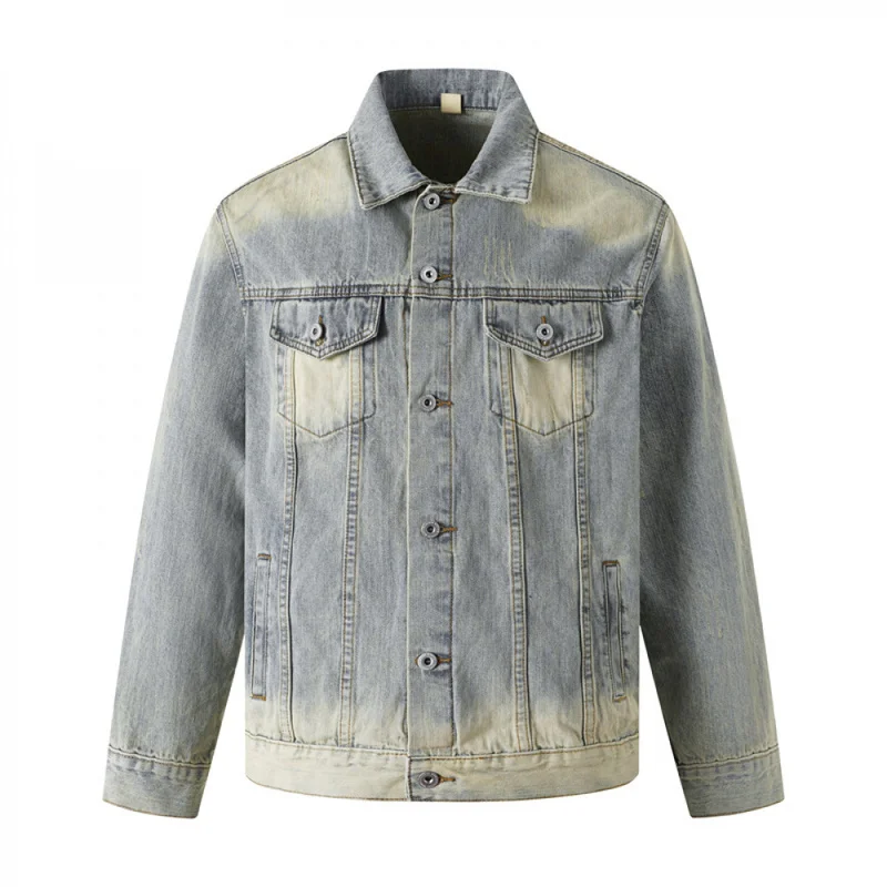 QICHE Men's Yellow Mud Washed Denim Jacket American Retro Gradient Workwear Loose Casual Coat