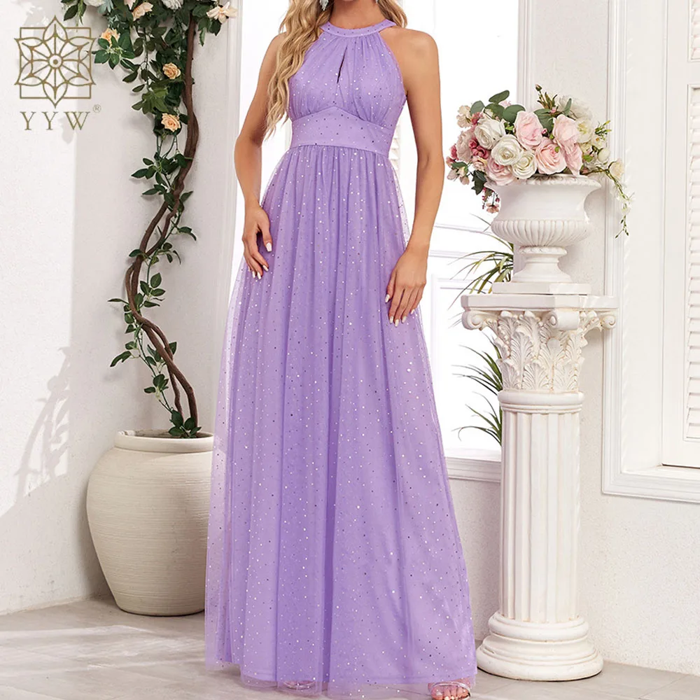 

Sexy Lace Evening Dress Purple Hollow Out Sleeveless Floor-Length Prom Dress Gown for Women Polyester Long Evening Dresses