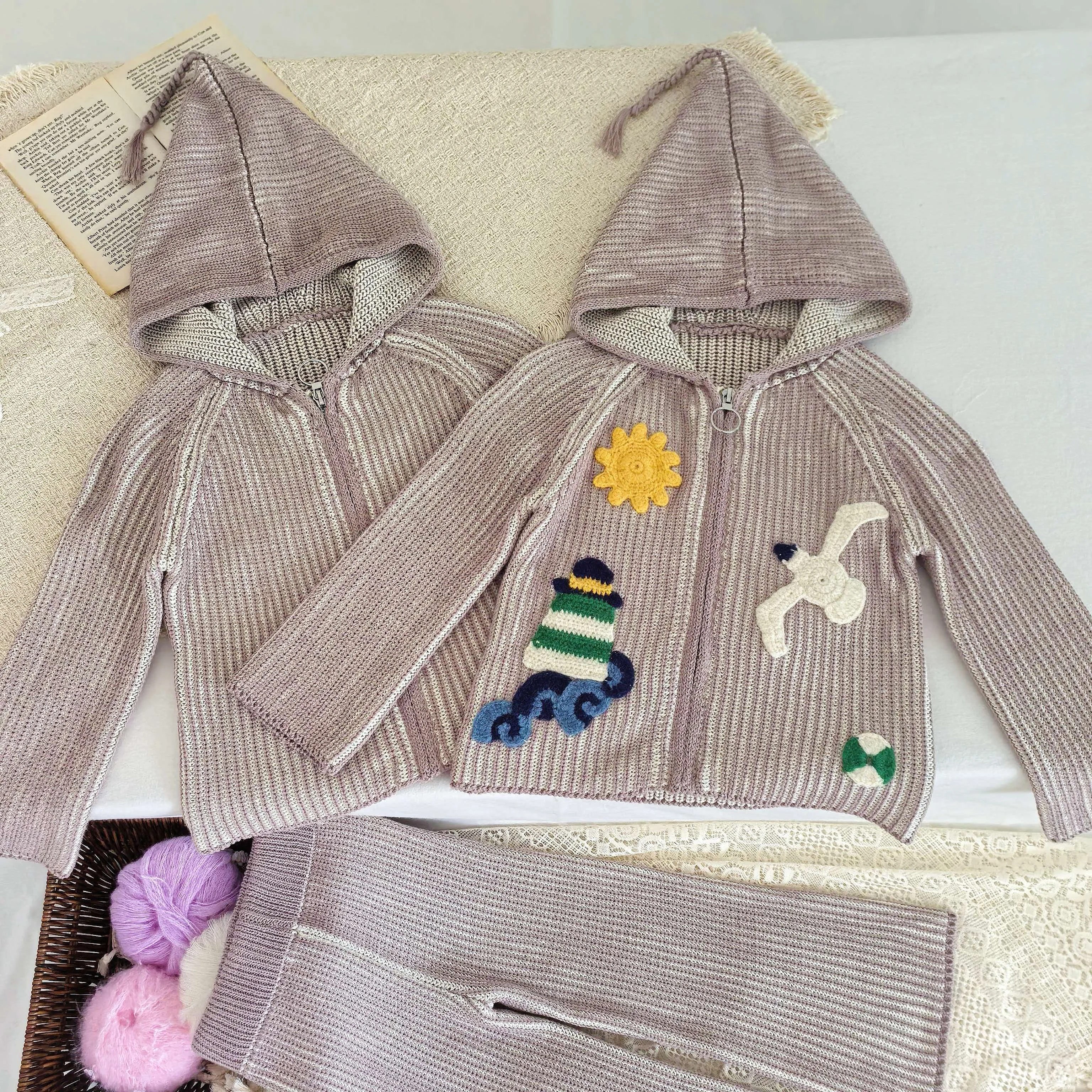 Hooded Knit Top with 3D Cartoon Embroidery, Baby Knit Pants, Long Sleeve Zipper Sweater for Baby Boys Girls Spring Autumn
