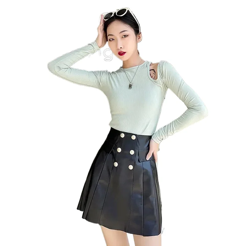 

Tajiyane Real Sheepskin Leather Skirt Women High Waist Pleated Skirts for Women 2023 A Line Skirt Black Skirt Women Streetwear