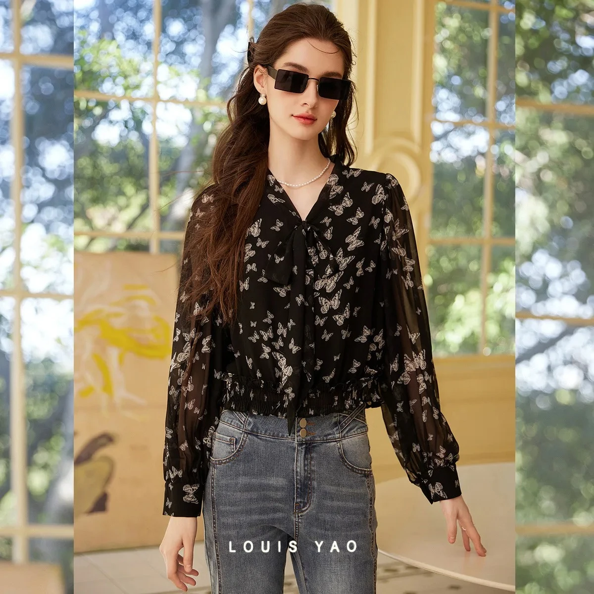 

LOUIS YAO рубашка с нерегулярным принтом, весна-лето 2022, женская рубашка с кружевным воротником и объемными рукавами, эластичная женская рубашка с узором бабочки из конопли
