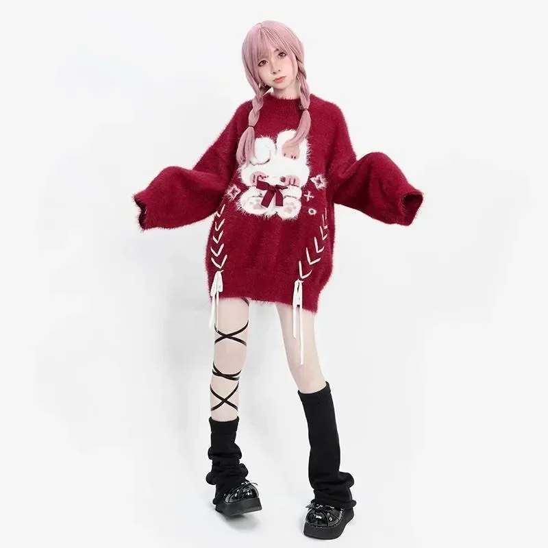 

Deeptown Red Lace Up Sweaters Women Y2k Harajuku Rabbit Patchwork Japanese Fashion Knit Pullovers Sweet Winter Christmas Thermal