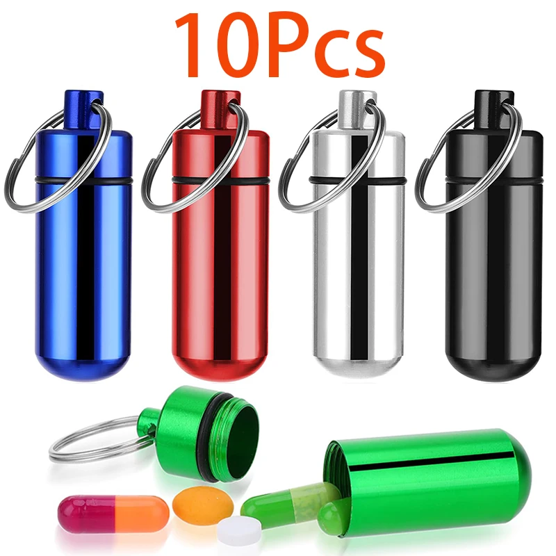 10Pcs Waterproof Capsule Shape Mini Pocket Aluminum Metal Pill Box Container Pill Holder with Keychain