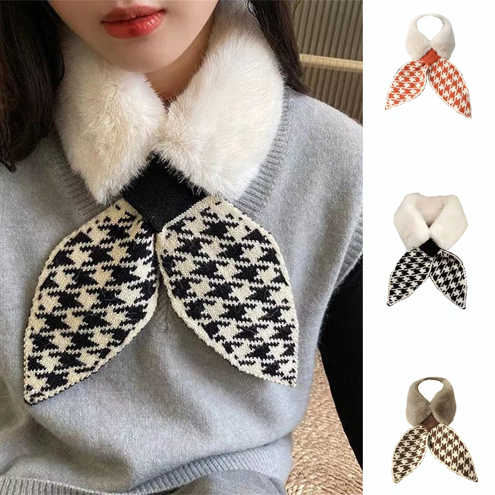 Imitation Rabbit Fur Scarf Winter Warm Checked Neck Cover Crossed Fur Thickened Plush Neck Protector Shawl Ring Scarves