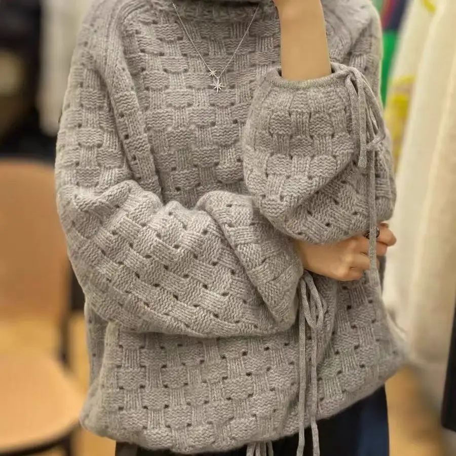 

Pile Collar Hollowed Out Loose Lantern Sleeve Drawstring Sweater Women's Spring And Autumn Knitted Loose Top
