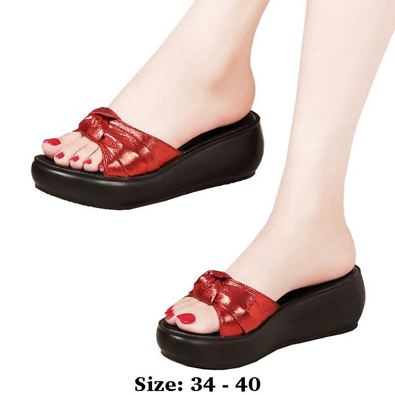 

high quality leather wedge sandals for women 6cm mid heel new 2025 summer 34 35 platform open toe elegant fashion shoe black red