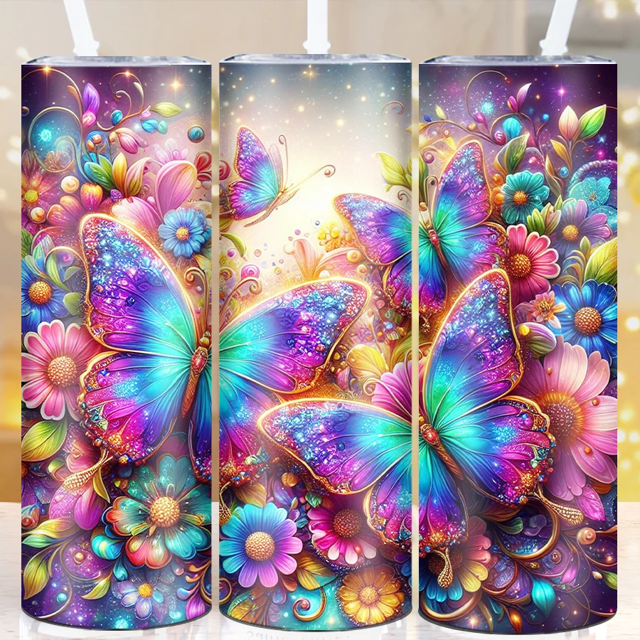 20oz 3D Print Colorful Butterfly Party Straight Bottle Straw Lid 1Pc Stainless Steel Insulated Water Mugs Outdoor Travel Tumbler