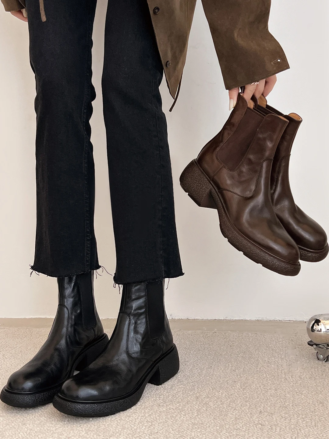 

Ботинки челси в стиле ретро, женские ботинки Thi Bot ort с круглым носком, ботинки Briti Sle, ботинки-дудочки, осень-зима, новинка...