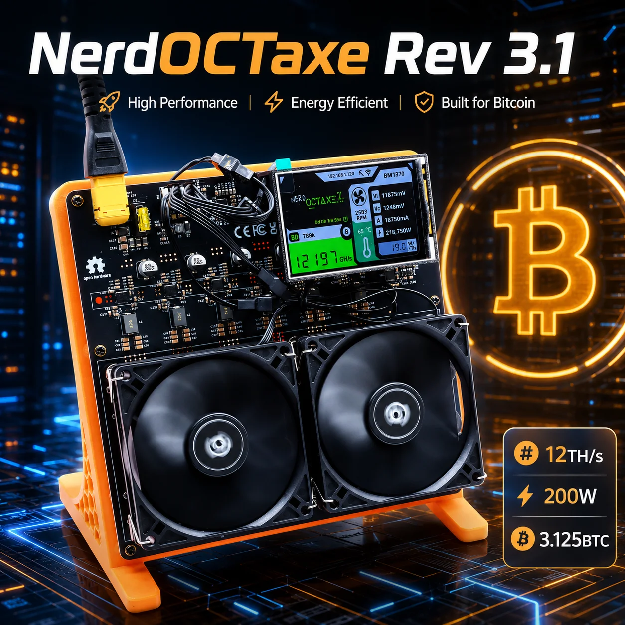 Bitcoin Miner NerdOCTAxe Rev3.1 12TH/s 200W 3.5inch Display BM1370 ASIC Chip SHA-256 BTC Solo Miner Open Source Home Use Miner