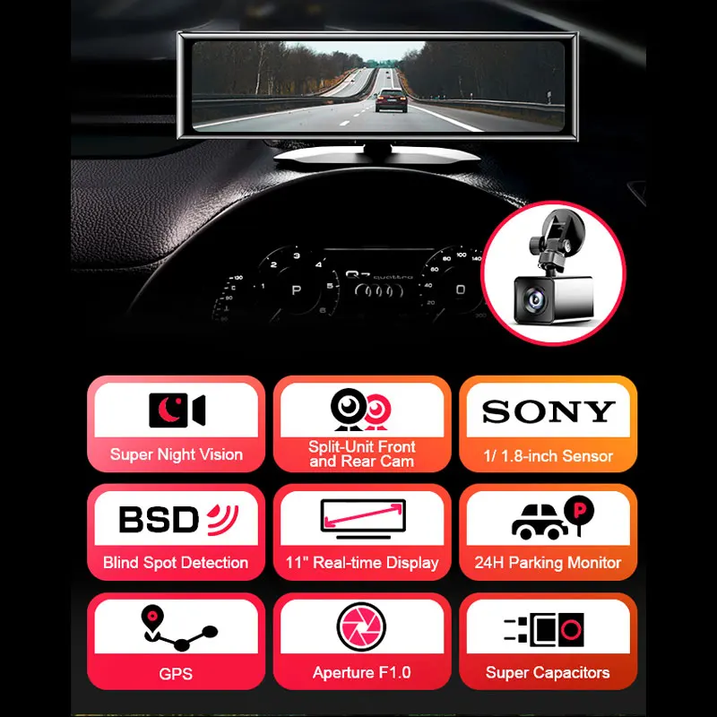 AKEEO AKY-NV-X Super Night Vision Dash Camera F1.0 Aperture SONY STARVIS Sensor Car Recorder Dual Lens 11inch Touch Screen