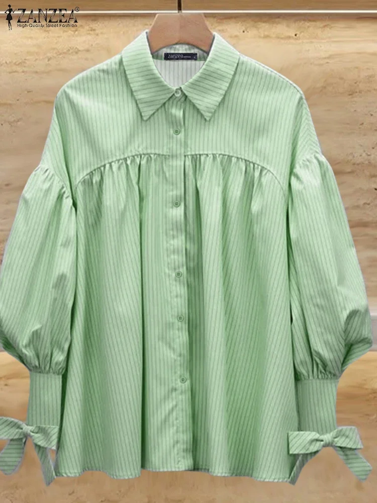 

2025 Autumn Long Sleeve Shirts Casual Loose Striped Tunic Fashion Lapel Neck Tops Korean Style Bow Lantern Sleeve Blusas ZANZEA