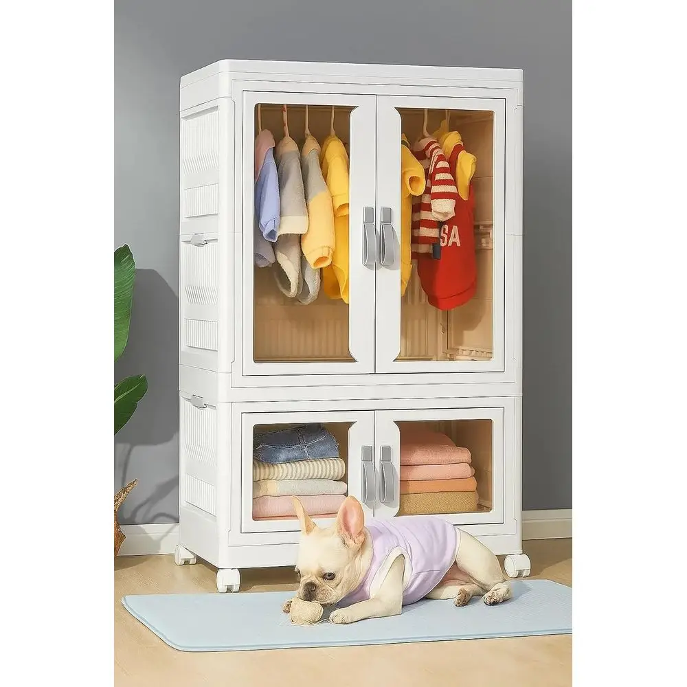 خزانة حيوانات أليفة بلاستيكية قابلة للطي بطبقتين مع قضيب تعليق، منظم ملابس الحيوانات الأليفة الصغيرة خفيف الوزن المقاوم للماء #6