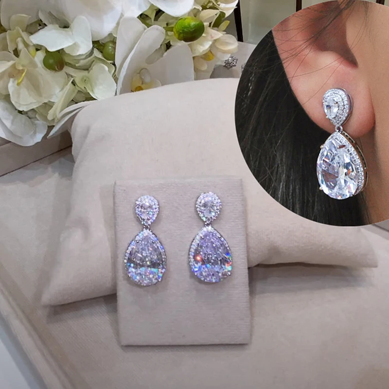 Huitan Big Water Drop Cubic Zirconia Dangle Earrings Women for Engagement Wedding Party Accessories Luxury Silver Color Jewelry