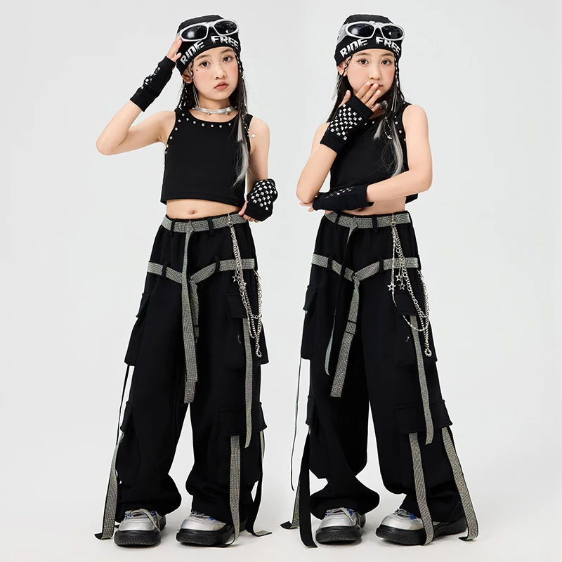 

Shining-Line Hip Hop Dance Pants Girls Cropped Tops Summer Black Suit Jazz Dance Costume Street Dance Performance Wear BL15939