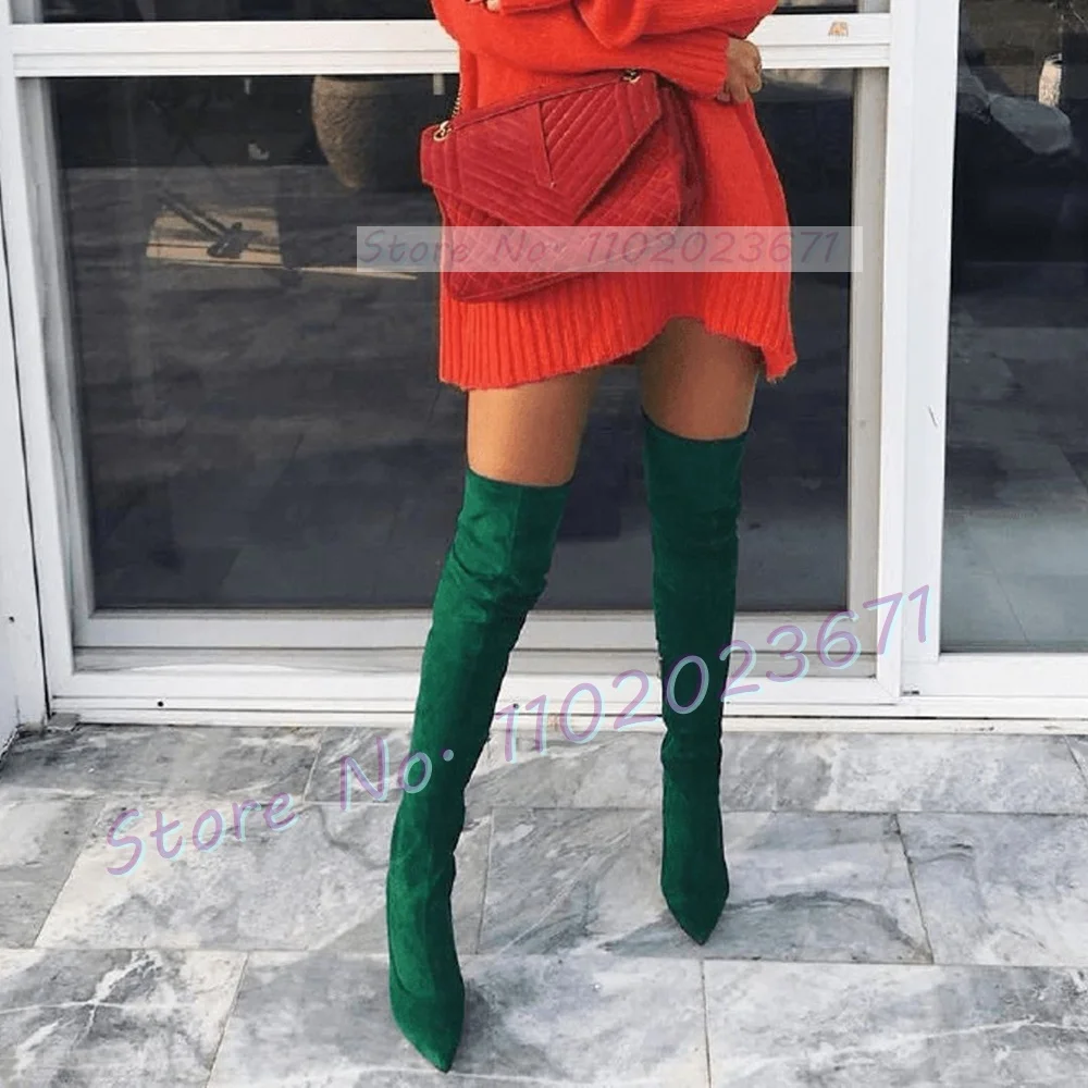 Yellow Suede Splicing Long Boots Women Vintage Streetwear Pointed Toe Over Knee Boots Ladies Green High Heels Sexy Side-zip Shoe