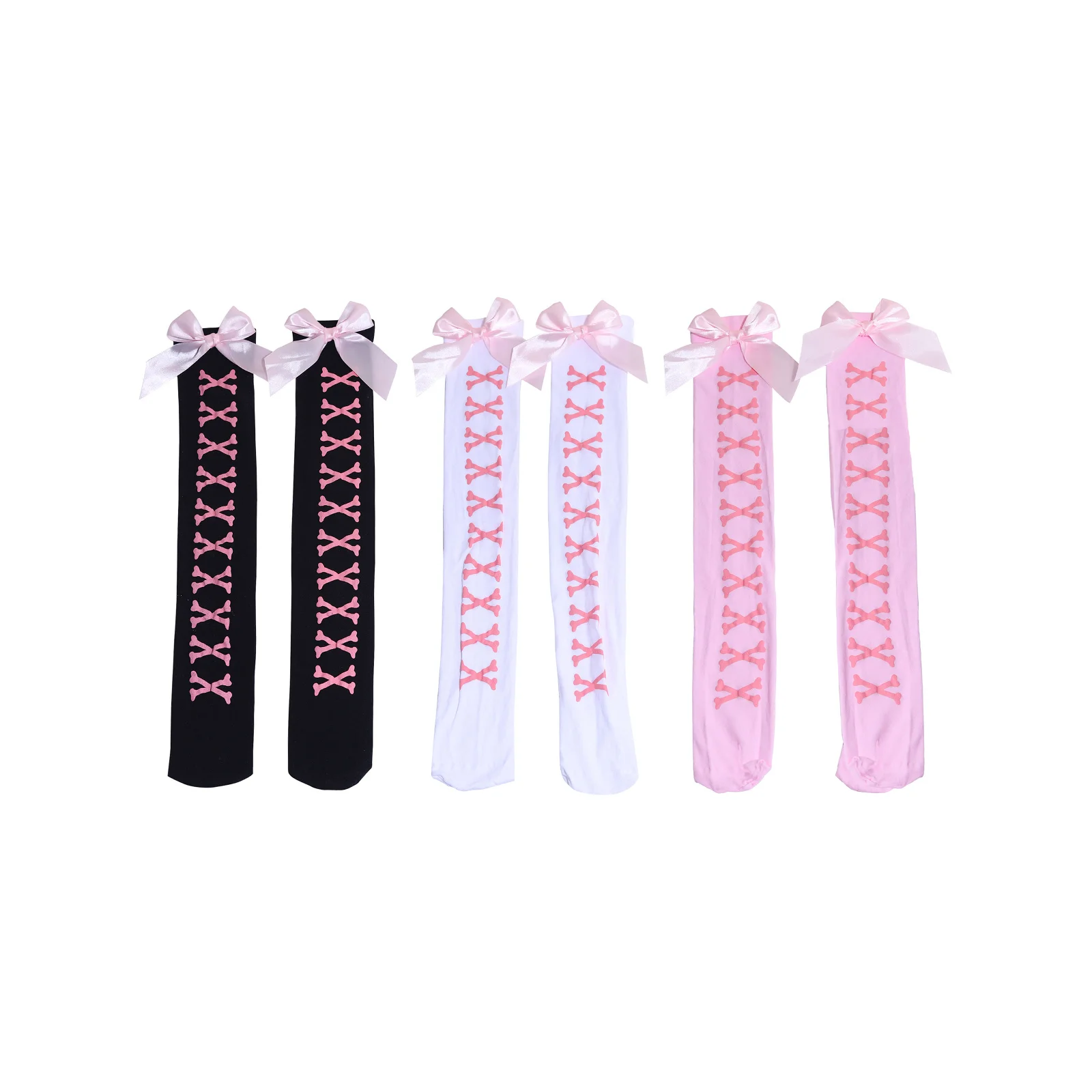 

Чулки с бантом, трехцветная комбинация (черный + белый + розовый)