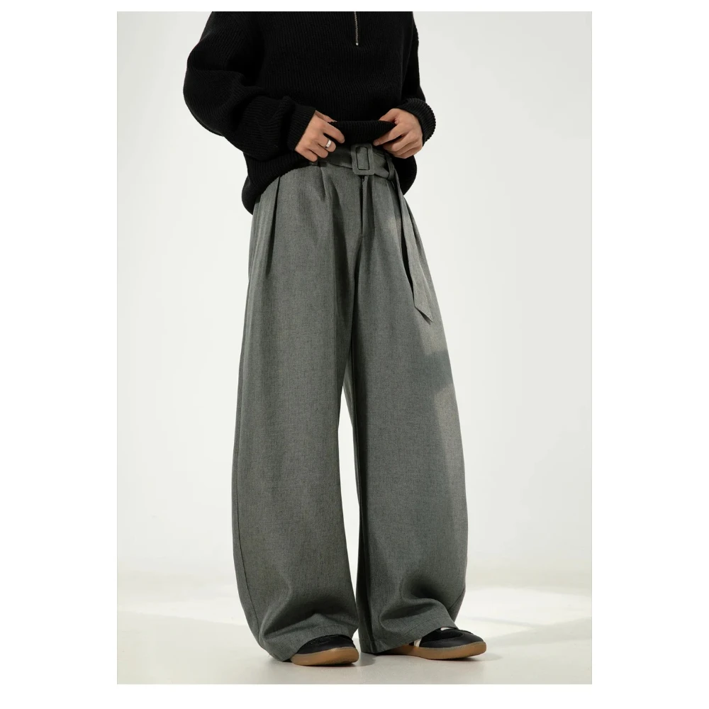 

Men's Pleated Drape Curved-Leg Trousers Loose-Fit Straight-Leg Pants Retro-Style Belted Casual Pants