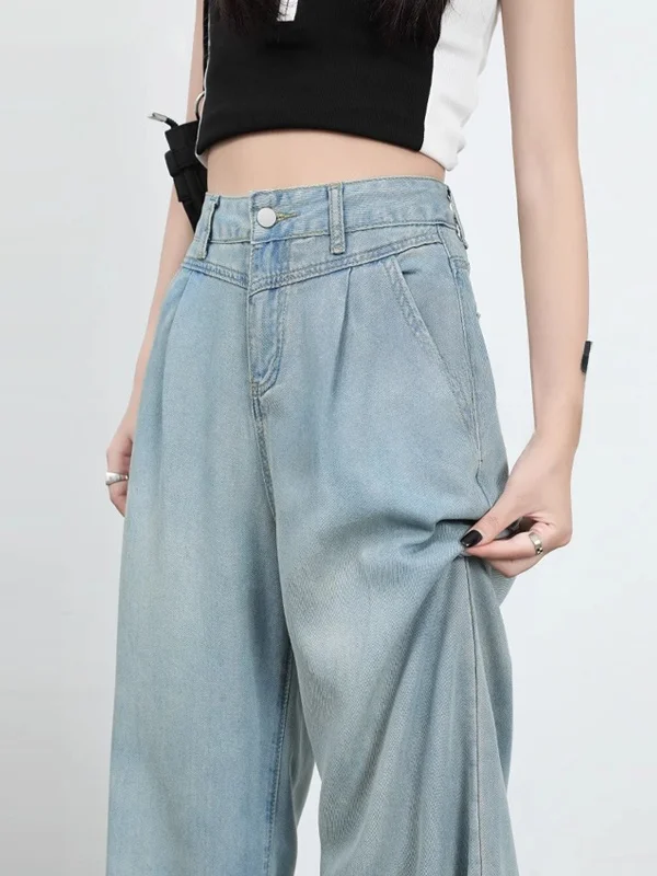 

Летние тонкие широкие джинсы, женские прямые брюки из ледяного шелка с высокой талией, свободный крой, повседневные джинсовые брюки светлого цвета