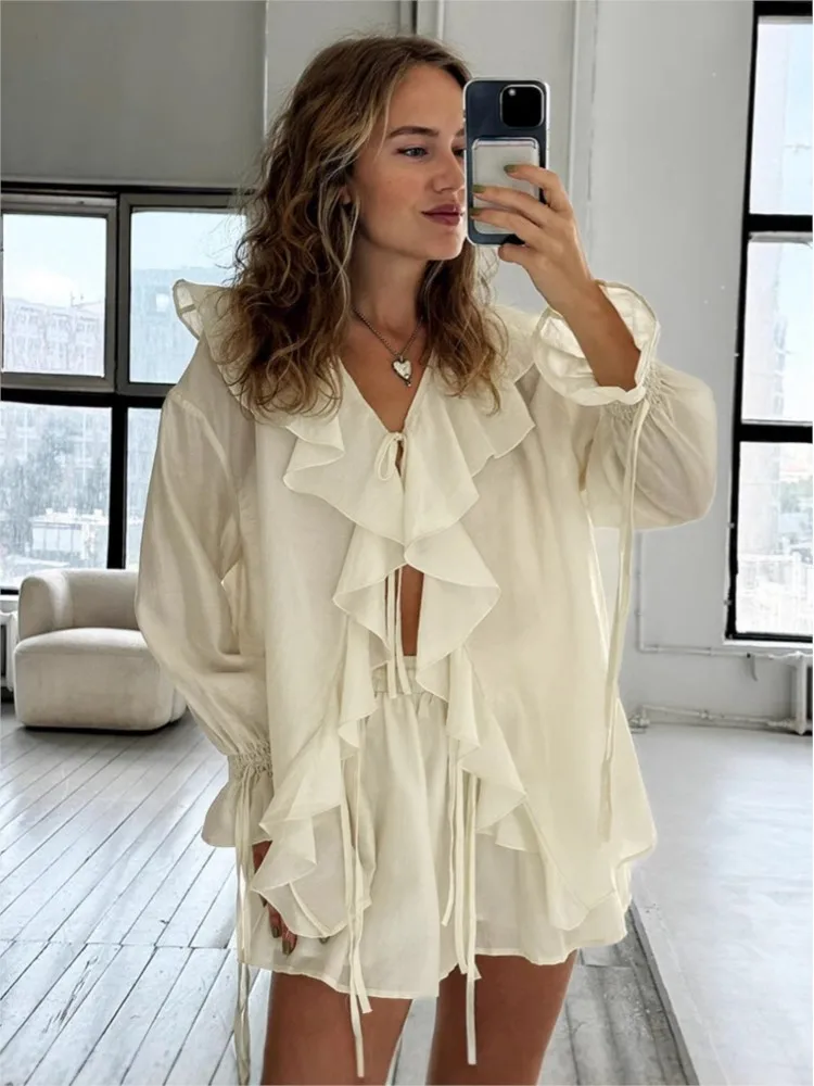 

2025 Spring New Female Fashion Lace Up Sets Lady Summer Casual Ruffles Shorts Suits Women Loose See V Neck Hollow Out Top Sets