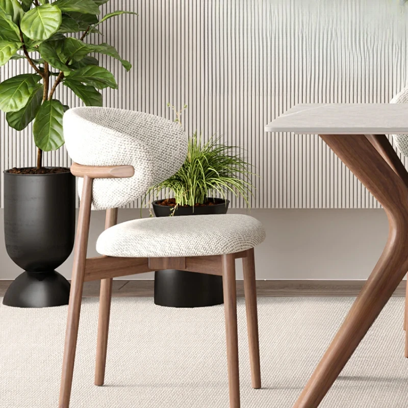 

Solid wood dining chair Nordic household light luxury high-end sense of simple backrest chair walnut white linen fabric dining