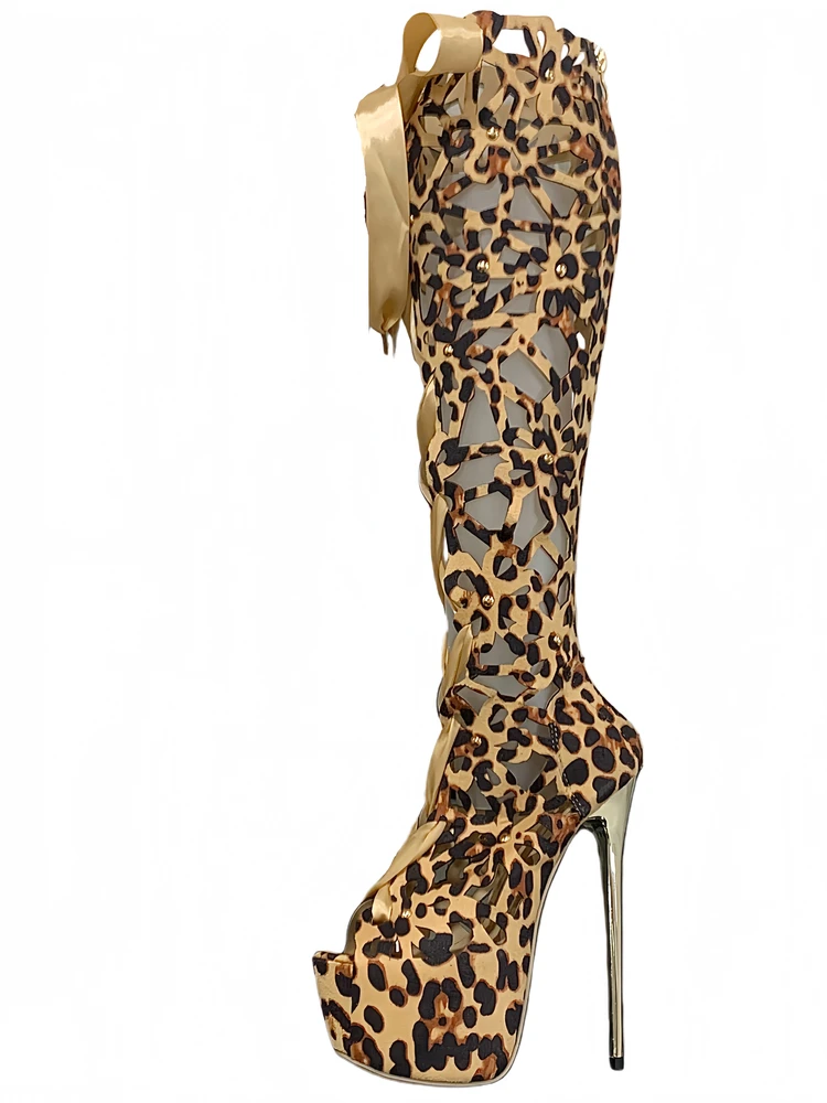 

Сексуальные женские босоножки на высоком каблуке Faion ow, ботинки на платформе с леопардовым принтом и узлом, полые ботинки в римском стиле, женское oes