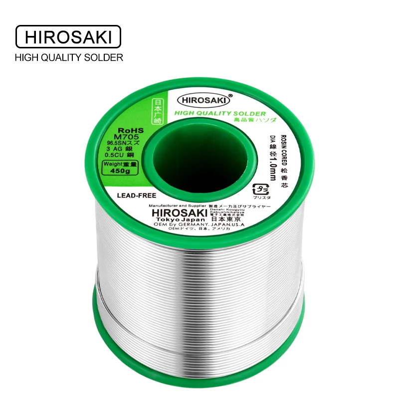 Japan HIROSAKI Solder Wire M705 3%Silver Lead-Free 0.8mm 1.0mm 450g With Flux Rosin Core soldering Sn96.5%  Ag3.0% Cu0.5%