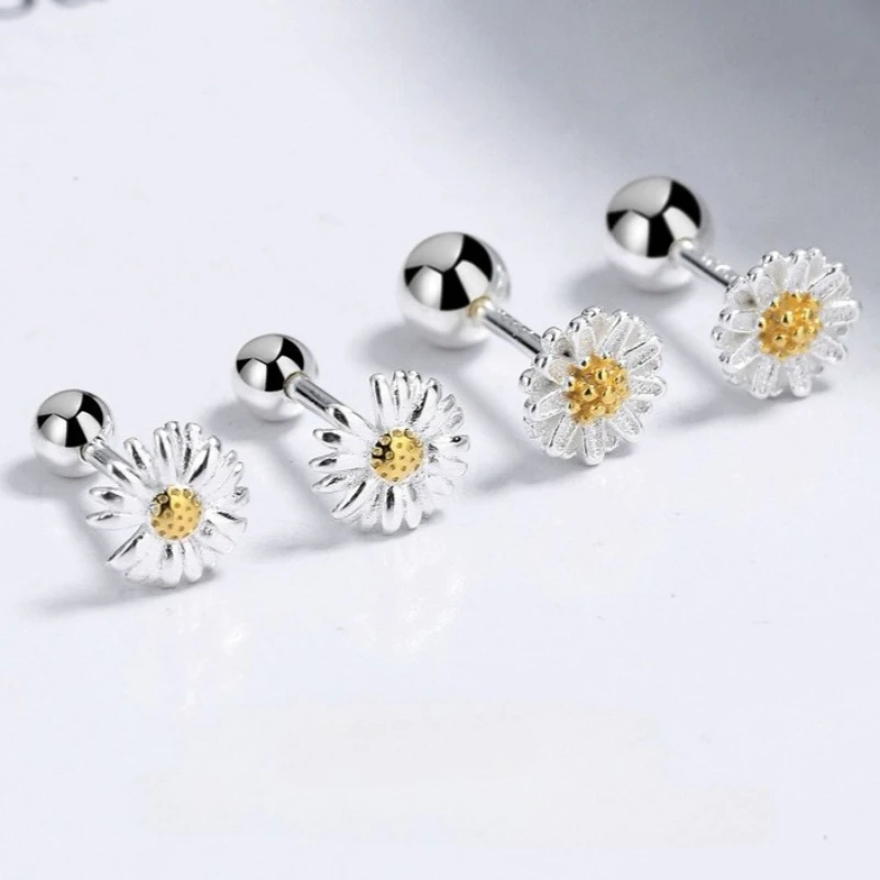 

925 Sterling Silver Daisy Threaded Stud Earrings for Women Minimalist Flower Ear Bone Piercing Ear Jewelry for Daily Casual