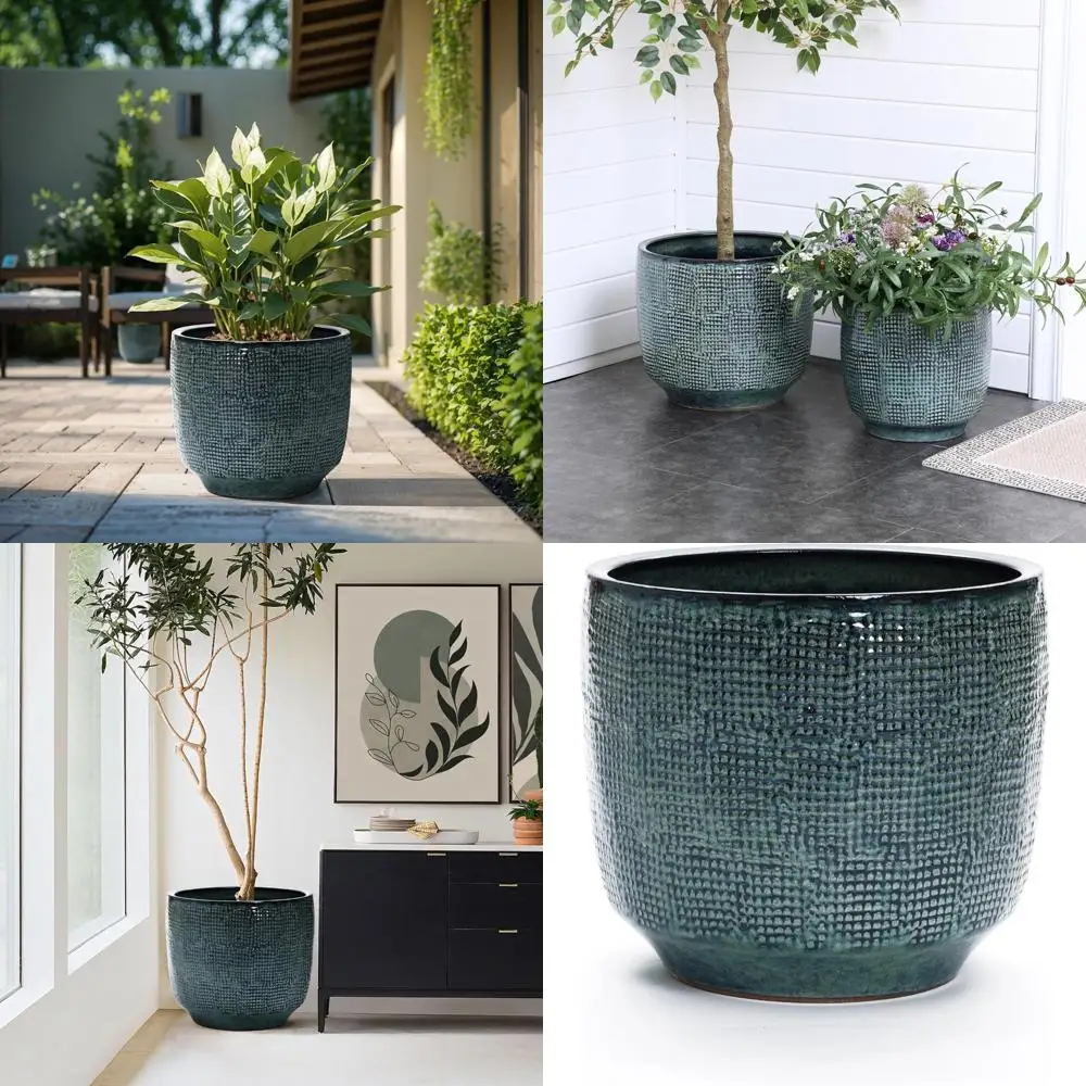 

Large 15.5 Inch Diameter Ceramic Plant Pots, Modern Green Glazed Outdoor and Indoor Flower Planters, Round Decorative Pots for G