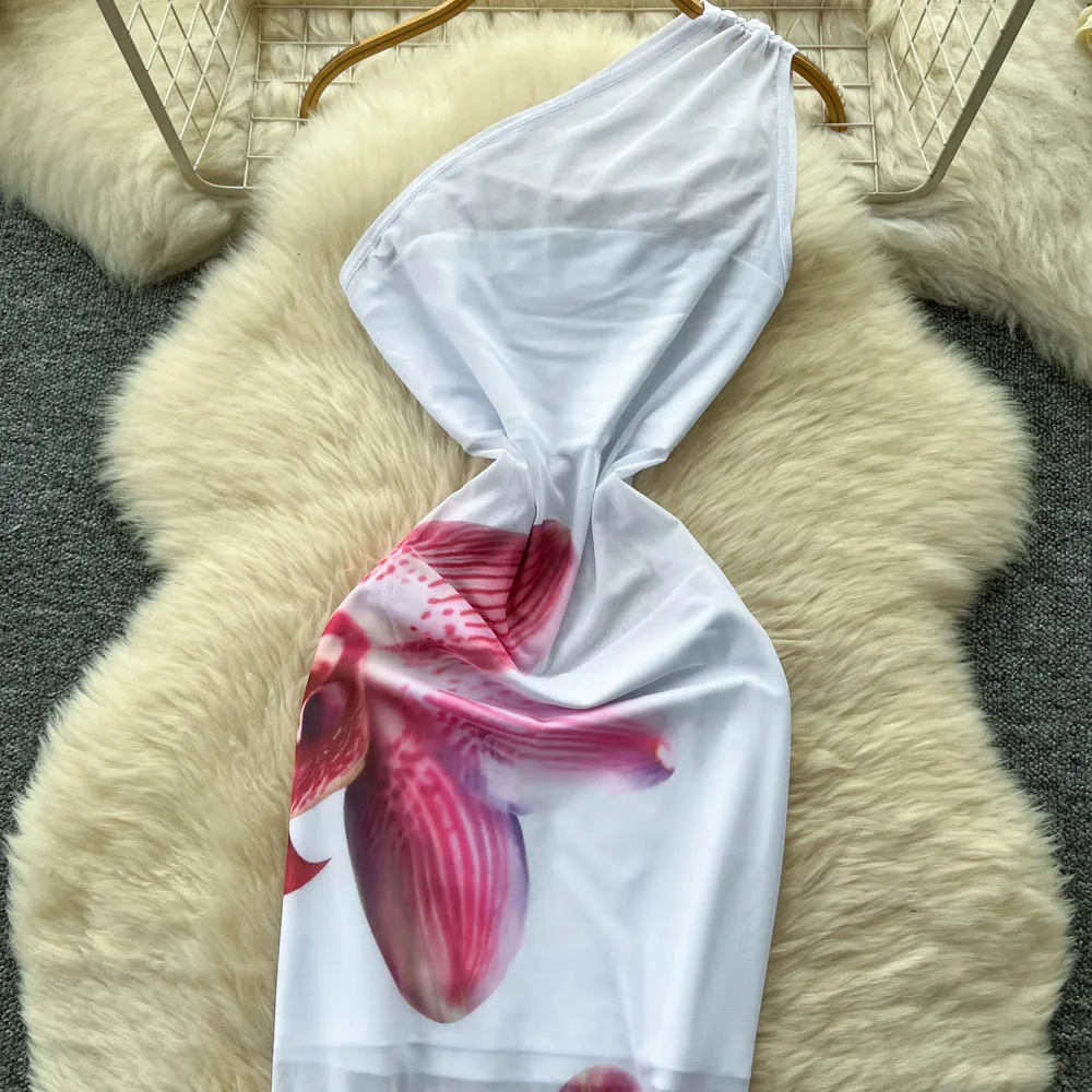 Chic vintage Diagonal collar print sleeveless slim Elegant Fairy korean fashion Boho Sundress women clothing Long dress