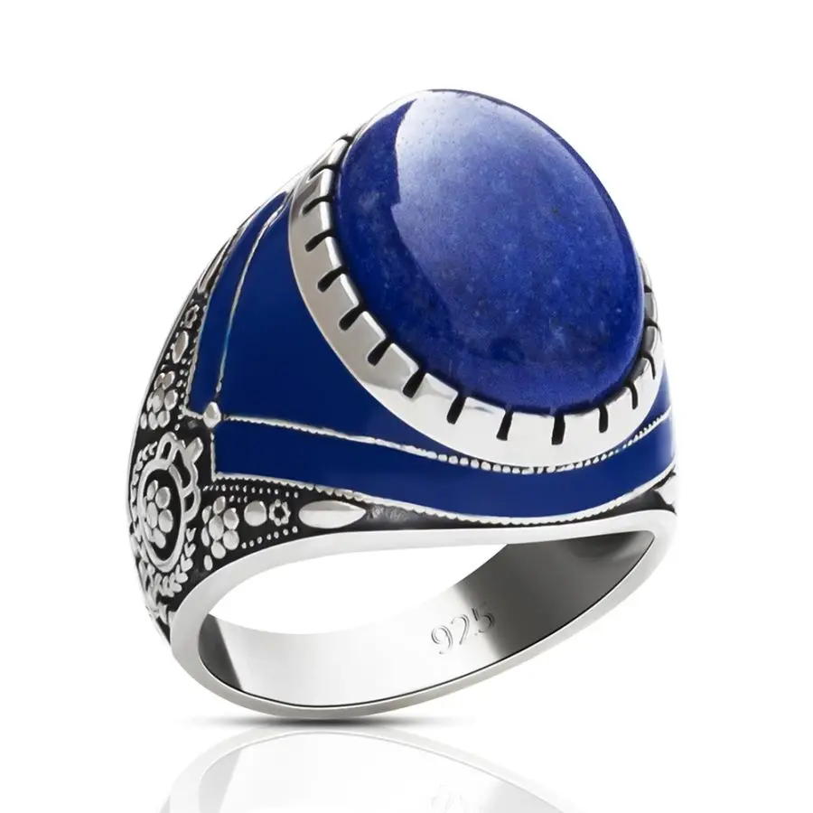 Wholesale Real 925 Sterling Silver Mens Wedding Ring Natural Lapis Lazuli Blue Stone Handmade Vintage Ring