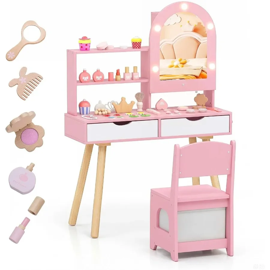 vanity with lights and mirror cabinet for pretend play, wooden princess dressing desk in pink with LED-lit mirror and display s