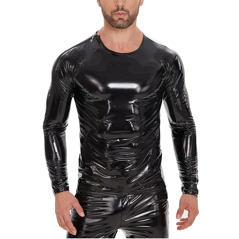 Neues Wet-Look PVC Langarm-T-Shirt für Herren, Glänzendes PU-Leder Hip-Hop-T-Shirt, Muskel-Shaper-Oberteil, Eng Anliegende Streetwear