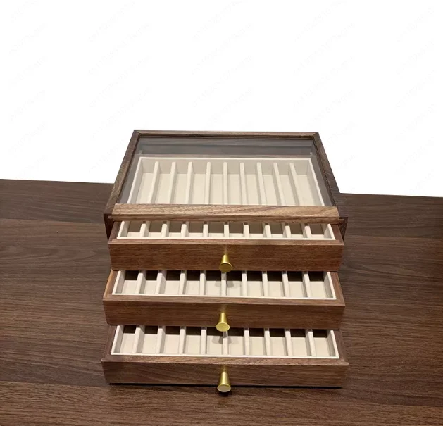 Black Walnut Solid Wood Drawer Pen Storage Box for Signature & Famous Pens Display