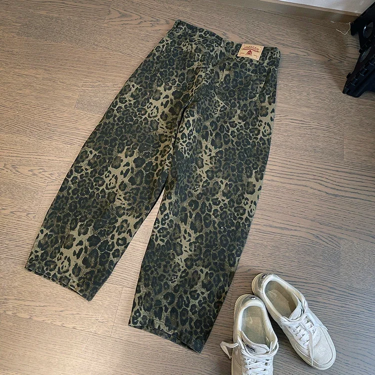 Men Splice Button Pocket Wide Leg Pants Floor Length Cargo Pant Leopard Print Loose Casual Straight Trousers Autumn Winter New