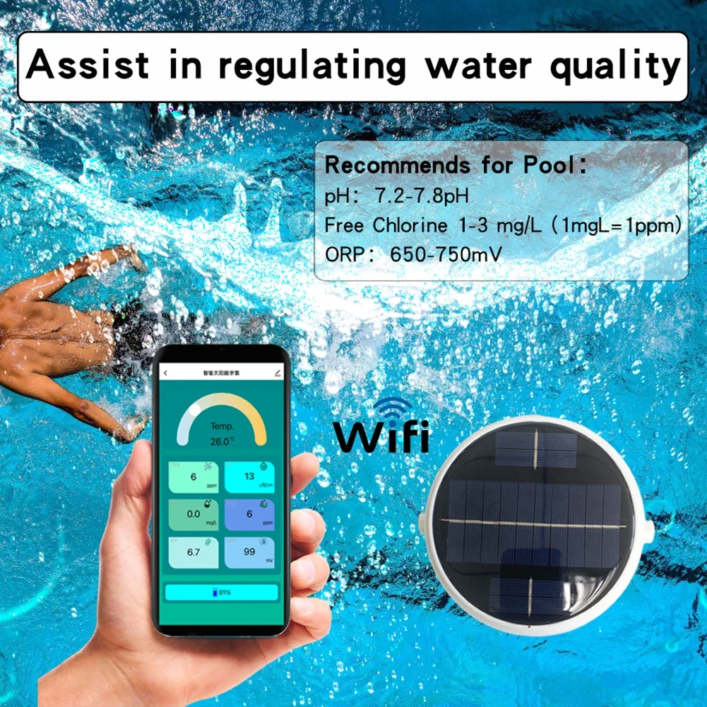 Solar Powered Swimming Pool Water Tester 7 IN 1 PH ORP EC TDS Salt Temp CL Tester Smart Chlorine Meter for Swimming Pool