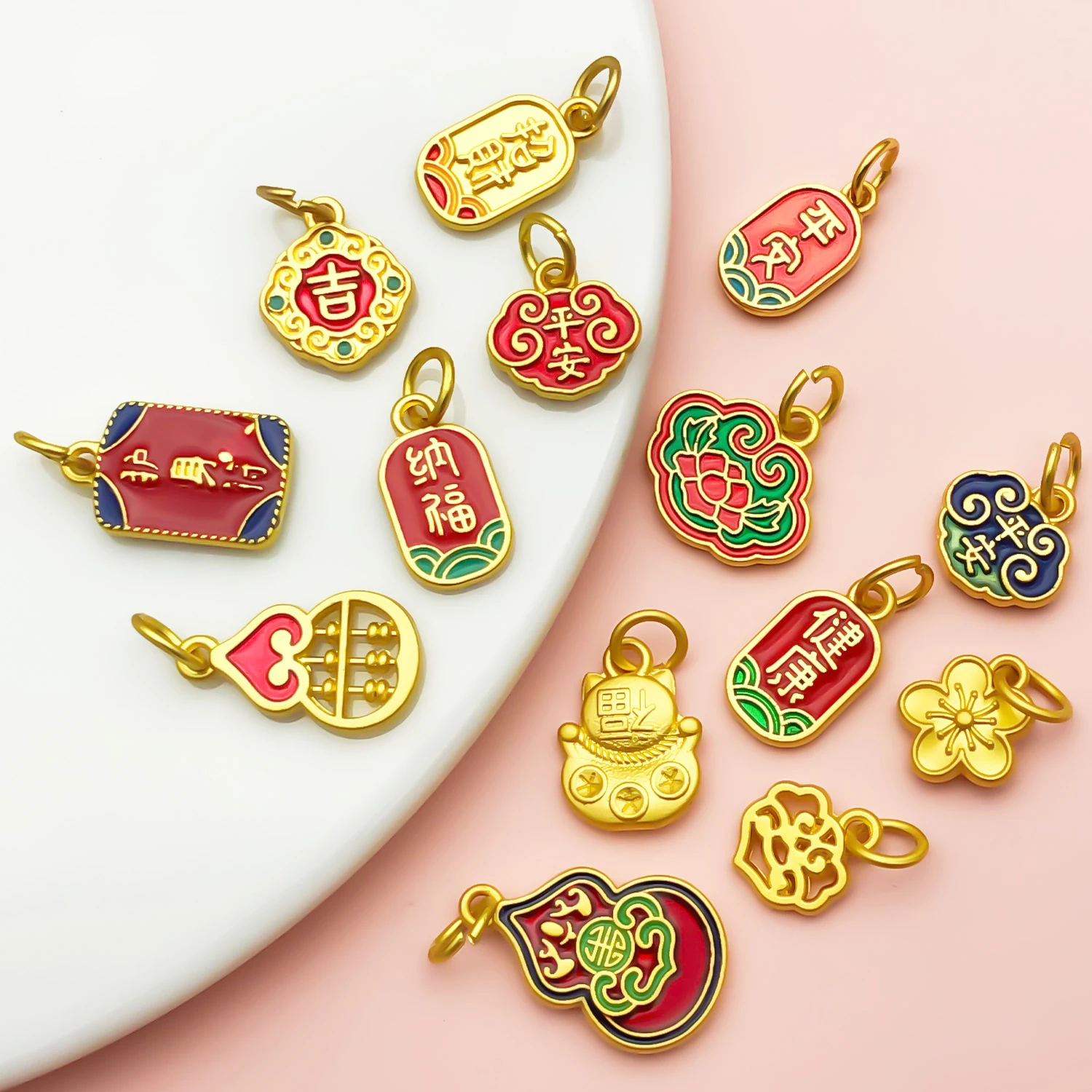 10/15pcs Antique & Sand-Gold Alloy Pendants for Wealth, Prosperity, and Good Fortune. DIY Chinese-style Charms for Bracelets - view 2