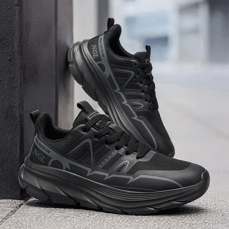 Men Mesh Running Sneakers Thick Platform Lace‑Up Breathable Non‑Slip Cushion Casual Sport Shoes for Outdoor Hiking Daily Walking