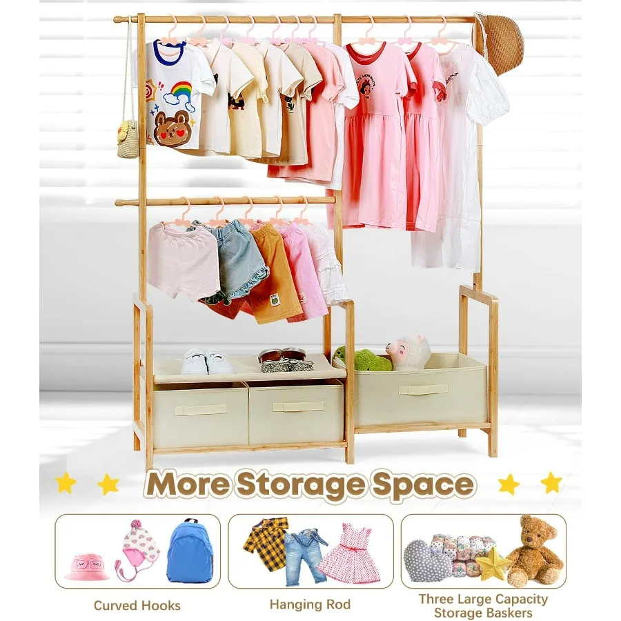Bamboo Clothing Rack with Triple Hanging Poles for Child Dress Up and Costume Storage Compact Garment Rack with 3 Adjustable St