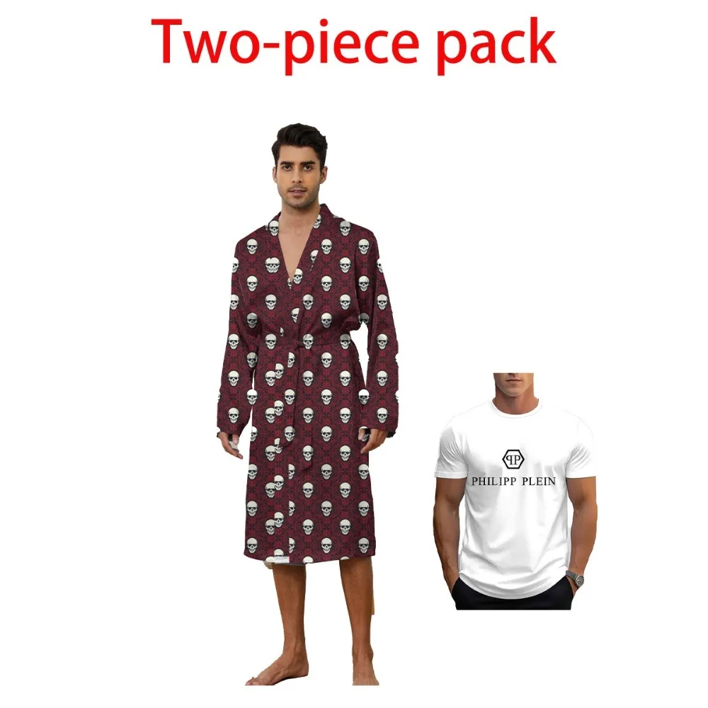 

New men's 3D printed home nightgown, quick-drying European gold flower pattern casual bathrobe two-piece set combination